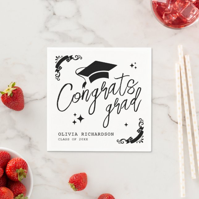 Personalised Graduation Elegant Script Stars & Cap Napkin (Insitu)