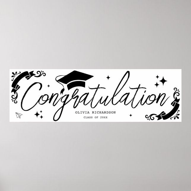 Personalised Graduation Elegant Script Stars & Cap Poster (Front)