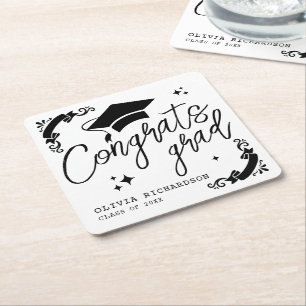 Personalised Graduation Elegant Script Stars & Cap Square Paper Coaster