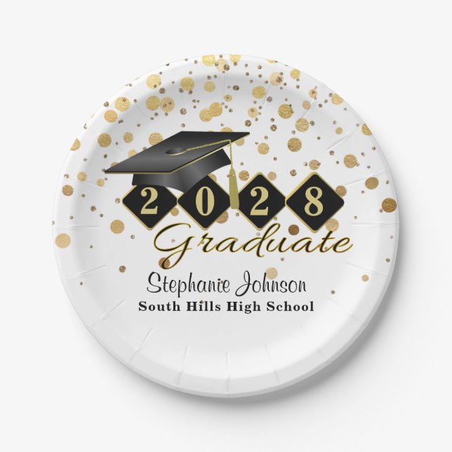 Personalised Graduation Party Black & Gold 20XX Paper Plate (Front)