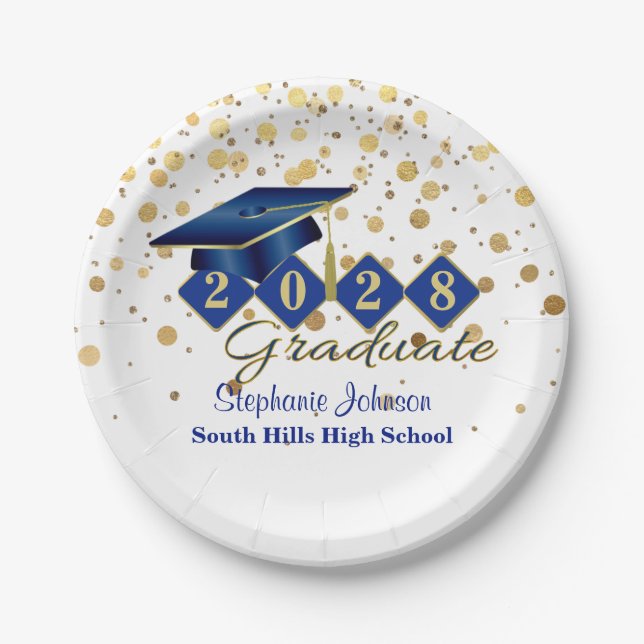 Personalised Graduation Party Blue & Gold 20XX Paper Plate (Front)