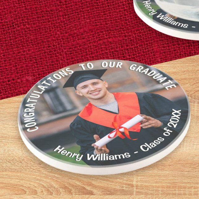 Personalised Graduation Photo Keepsake Coaster (A coaster for graduation day with custom photo, name, 'class of' year and congratulations message)