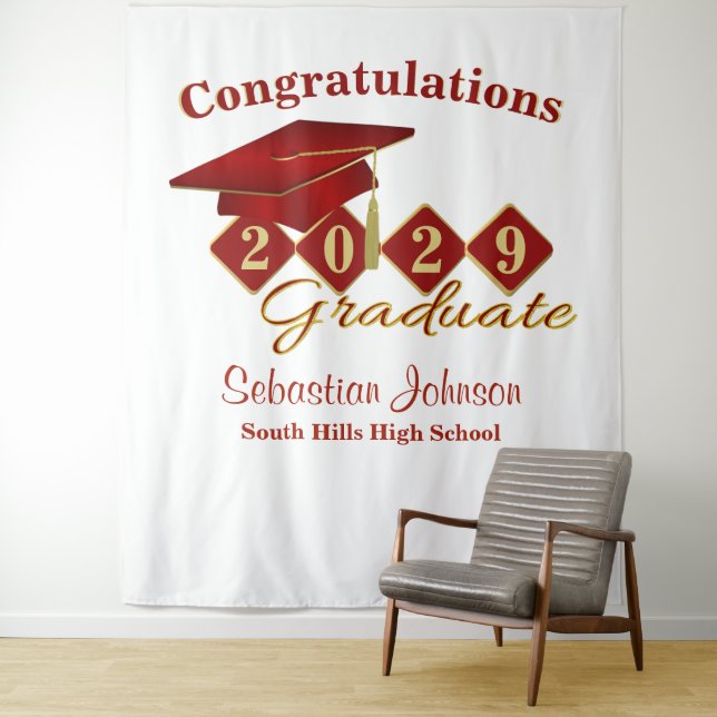Personalised Graduation Red & Gold Party Backdrop Tapestry (In Situ)