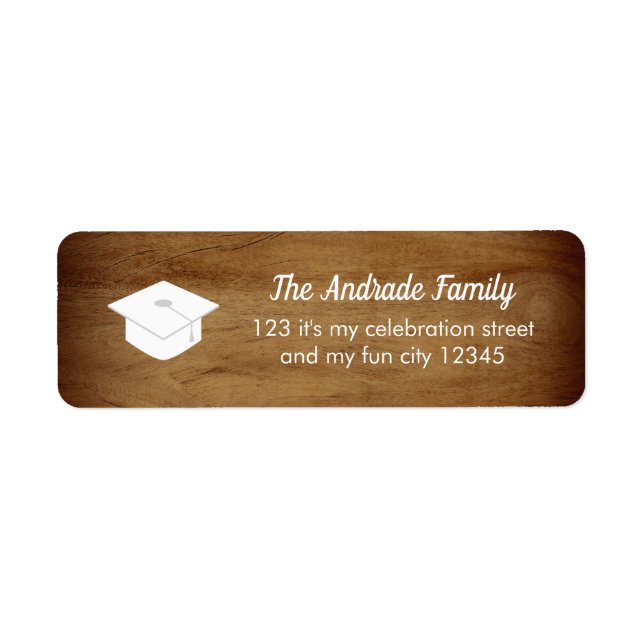 Personalised Graduation Themed Cap Rustic Wood Return Address Label (Front)