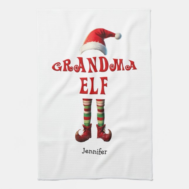 Personalised Grandma Elf Christmas Kitchen Towel (Vertical)