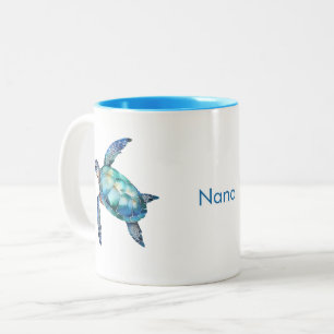 Personalised Grandma Name Turquoise Sea Turtle  Two-Tone Coffee Mug