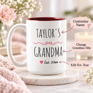 Personalised Grandma Pink Bow Name and Est. Year Two-Tone Coffee Mug