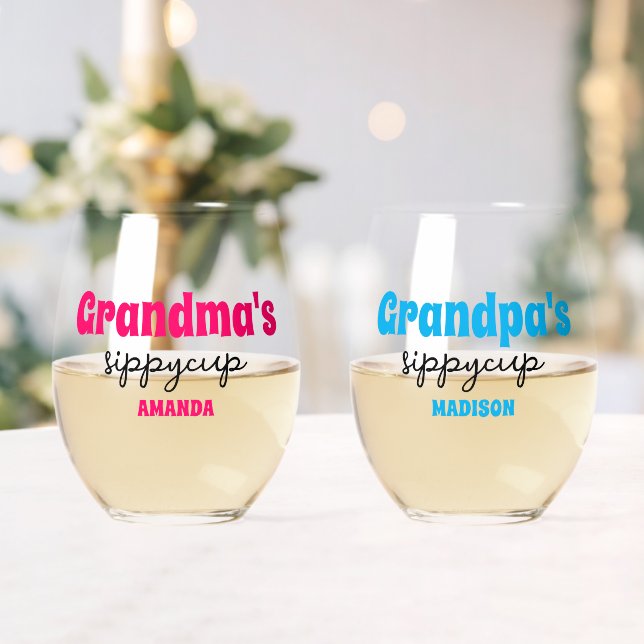 Personalised Grandma's and Grandpa's Sippy Cup Stemless Wine Glass (Insitu (Wedding))