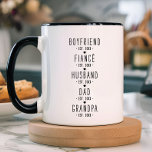 Personalised Grandpa Milestones Gift Mug<br><div class="desc">This sentimental black and white mug design offers a heartfelt tribute to the full journey of love and family, showcasing a simple yet powerful progression from boyfriend to fiancé, husband, dad, and grandpa. Each title is paired with the year, separated by small heart icons for a sweet, cohesive touch. The...</div>