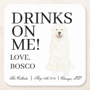 Personalised Great Pyrenees Dog Wedding Square Paper Coaster