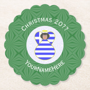 Personalised Greek Angel Christmas Flag Black Hair Paper Coaster