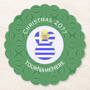 Personalised Greek Blonde Angel Christmas Flag  Paper Coaster