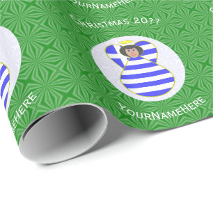Personalised Greek Flag Black Hair Christmas Angel Wrapping Paper