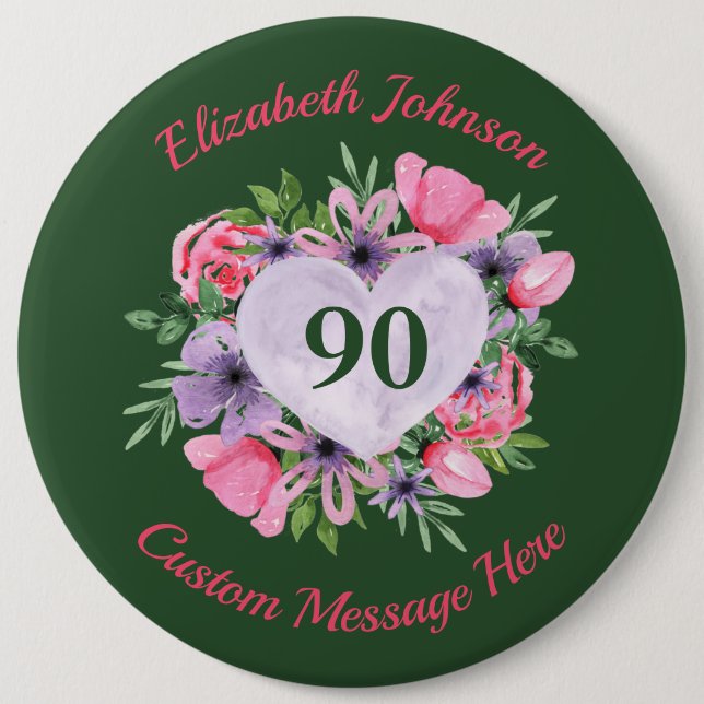 Personalised Green 90th Birthday Button (Front)