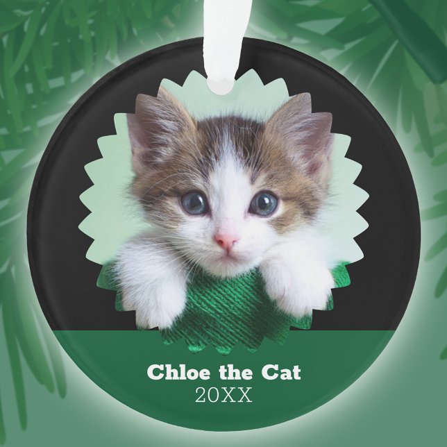 Personalised Green and Black Photo of Cat on Ornament (Creator Uploaded)