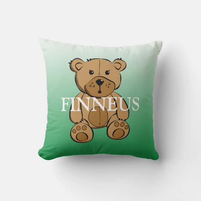Personalised Green and Blue Striped Teddy Bear Cushion (Front)