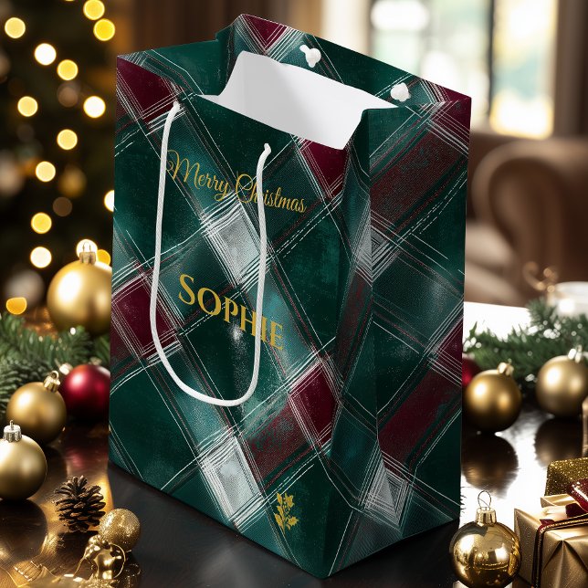 Personalised Green and Burgundy Plaid Christmast Medium Gift Bag (Creator Uploaded)