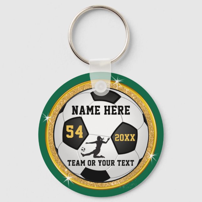 Personalised Green and Gold Soccer Gifts for Girls Key Ring (Front)
