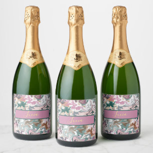 Personalised Green and Pink Marble Abstract Custom Sparkling Wine Label