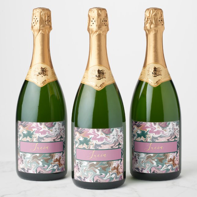 Personalised Green and Pink Marble Abstract Custom Sparkling Wine Label (Bottles)