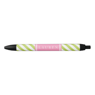 Personalised Green and Pink Stripes Pattern Black Ink Pen