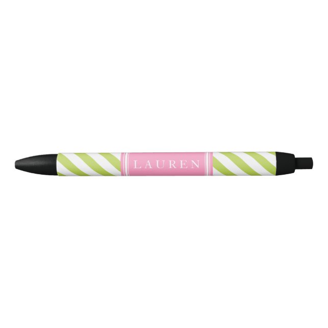 Personalised Green and Pink Stripes Pattern Black Ink Pen (Front)