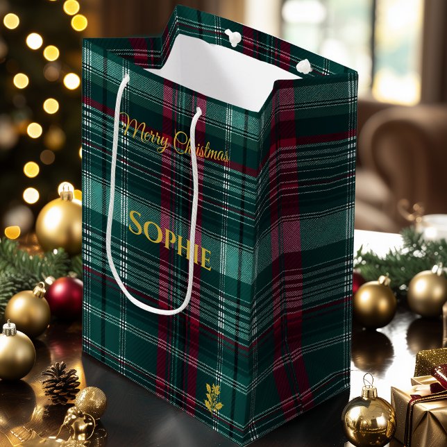 Personalised Green and Red Plaid Christmas  Medium Gift Bag (Creator Uploaded)