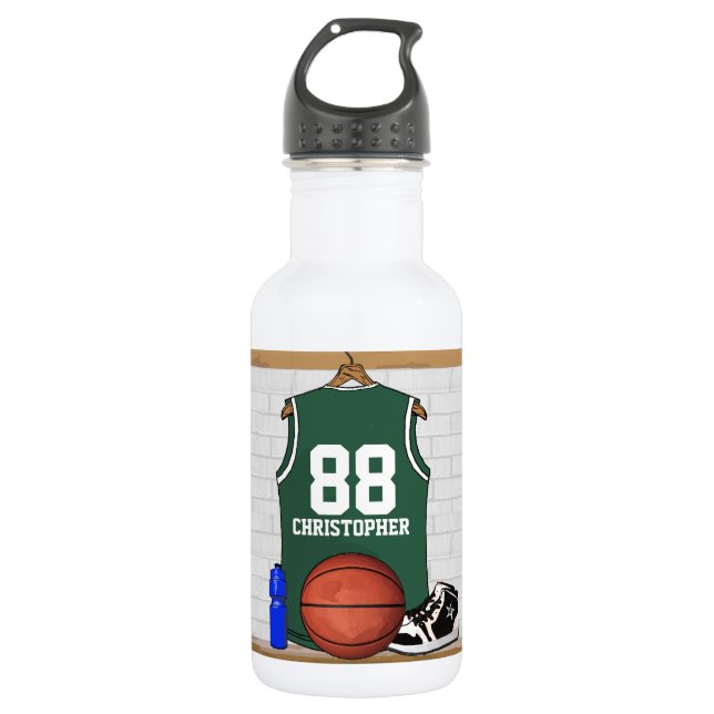 Personalised green and white basketball jersey 532 ml water bottle (Front)