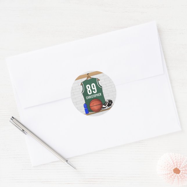 Personalised Green and White Basketball Jersey Classic Round Sticker (Envelope)