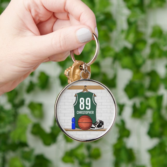 Personalised Green and White Basketball Jersey Key Ring (Hand)