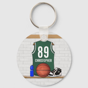Personalised Green and White Basketball Jersey Key Ring