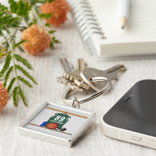 Personalised Green and White Basketball Jersey Key Ring