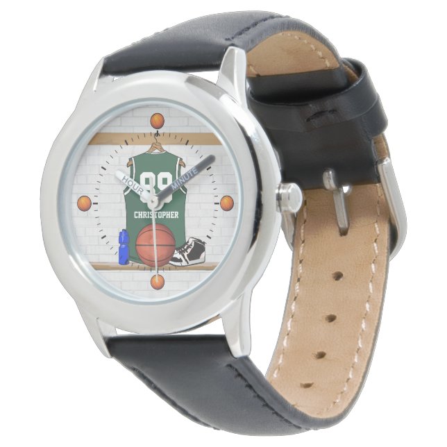 Personalised Green and White Basketball Jersey Watch (Angled)