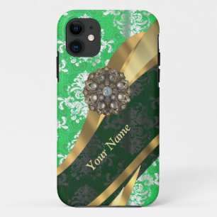 Personalised green and white damask pattern iPhone 11 case