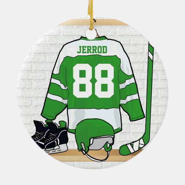 Personalised Green and White Ice Hockey Jersey Ceramic Ornament (Back)