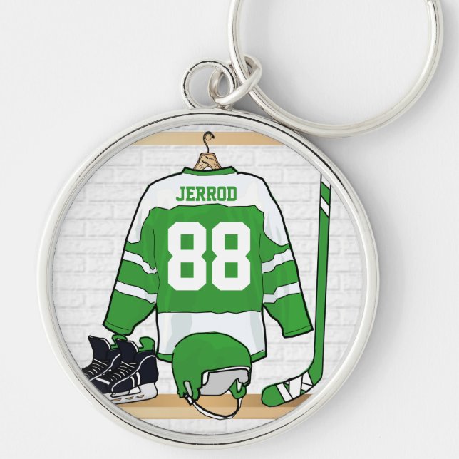 Personalised Green and White Ice Hockey Jersey Key Ring (Front)