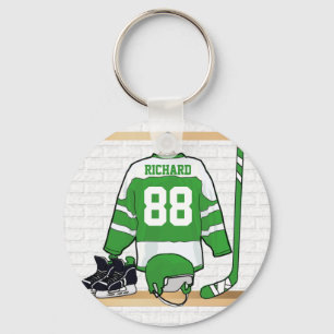 Personalised Green and White Ice Hockey Jersey Key Ring