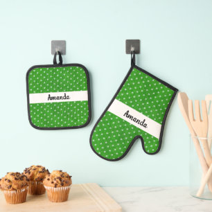 Personalised Green and White Polka Dot Oven Mitt & Pot Holder Set