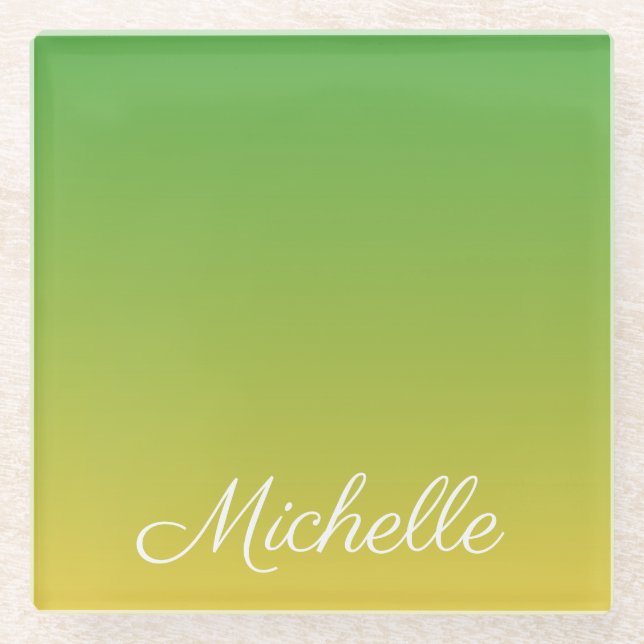 Personalised green and yellow ombre glass coaster (Front)