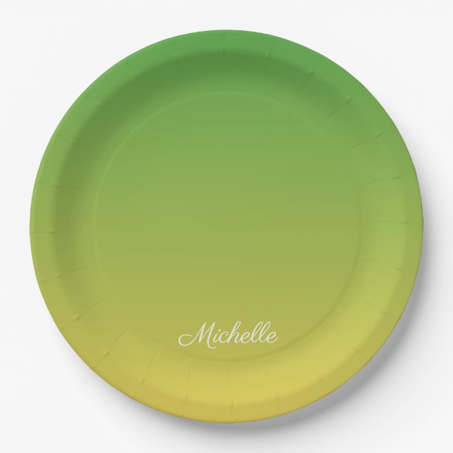Personalised green and yellow ombre paper plate (Front)