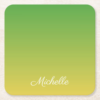 Personalised green and yellow ombre square paper coaster
