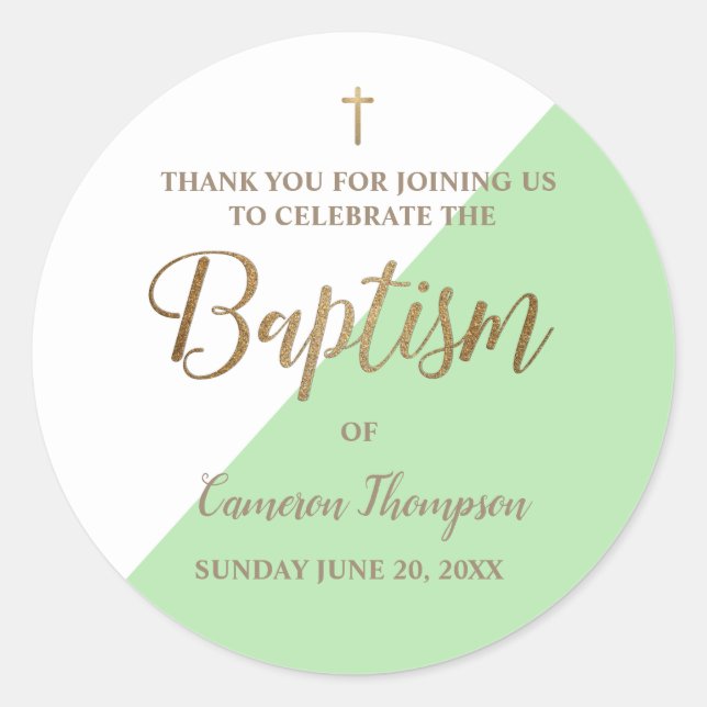 Personalised green Baby baptism thank you Classic Round Sticker (Front)