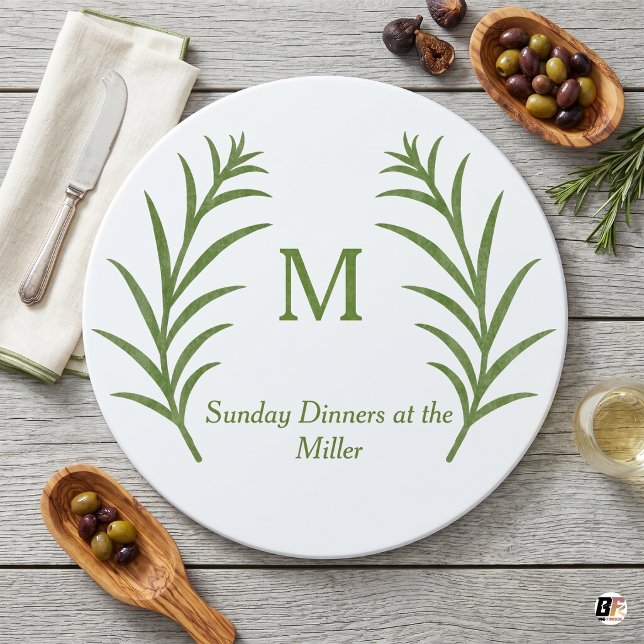 Personalised Green Botanical Wreath Monogram Round Cutting Board (#mother'sday)