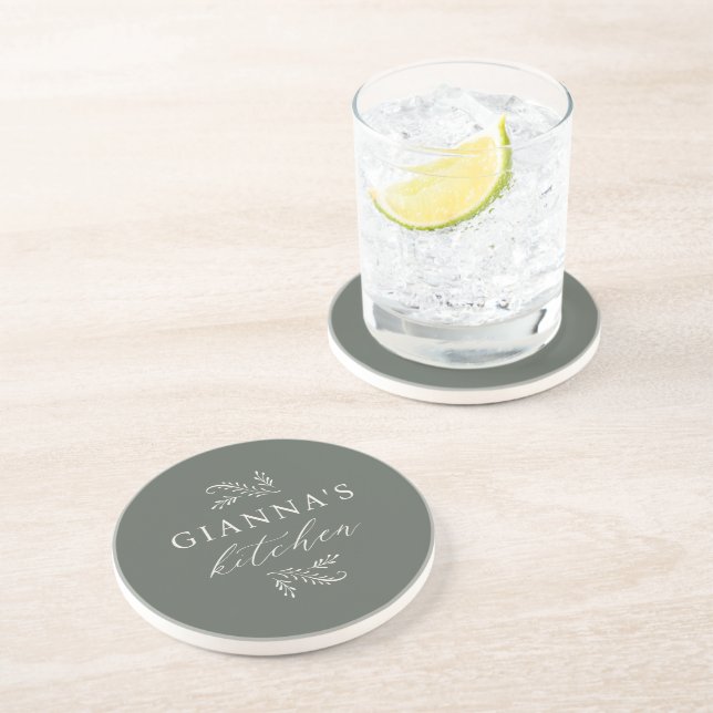 Personalised Green Botanical Your Name's Kitchen Coaster (Side)