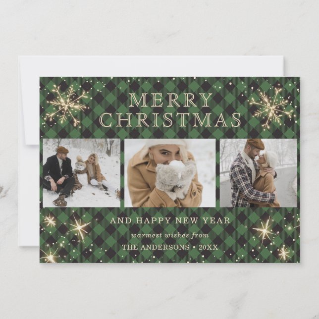 Personalised Green Buffalo Plaid 3 Photo Holiday Card (Front)