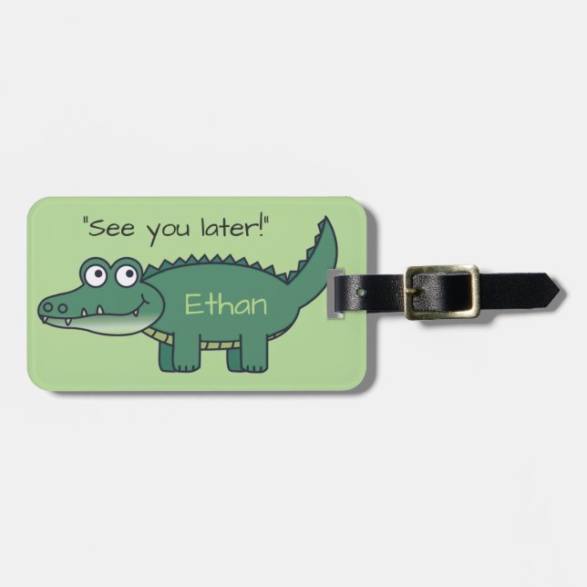 Personalised Green Cartoon Alligator Luggage Tag (Front Horizontal)