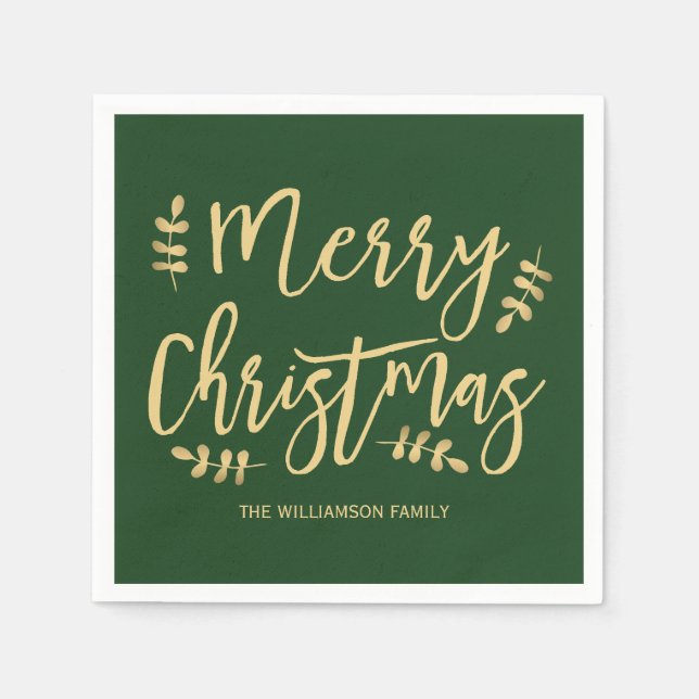 Personalised Green Christmas Napkins, Gold Text Napkin (Front)