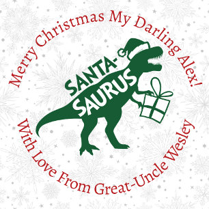 Personalised Green Christmas Santa-Saurus Dinosaur Wrapping Paper