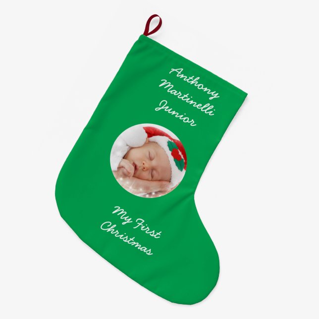 Personalised Green Christmas Stocking with Photo (Front (Hanging))