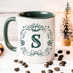 Personalised Green Christmas Wreath Monogram Mug